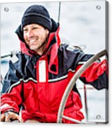 Happy Skipper On Sailboat Acrylic Print