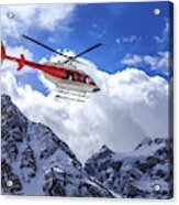 Helicopter At Assiniboine Lodge And Magog Lake Acrylic Print