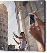 Holding Up Photos Of The Leaning Tower Of Pisa Acrylic Print