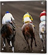 Horse Racing, Back View Of Five Competitors, Mud Flying Up Acrylic Print