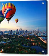 Hot Air Balloons Fly Over Cityscape At Sunset Background Acrylic Print