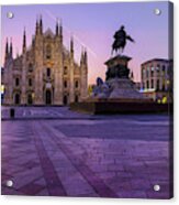 Italy, Milan, Cathedral With Equestrian Statue Vittorio Emanuele Ii In The Morning Acrylic Print