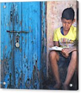 Kid Reading Near Locked Door Acrylic Print