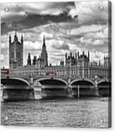 London - Houses Of Parliament And Red Buses Acrylic Print