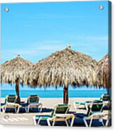 Lounge Chairs And Thatch Umbrellas On Acrylic Print
