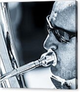 Male In Sunglasses Blowing Mouthpiece Of Tuba Acrylic Print