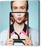 Man Covering Half His Face With Digital Tablet, With Womans Mouth Acrylic Print