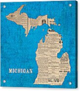 Michigan Map Made Of Vintage Newspaper Clippings On Blue Canvas Acrylic Print