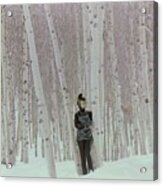 Model In Snow Among Birch Trees Acrylic Print