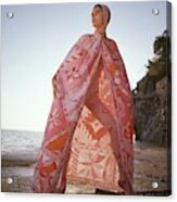 Model Wearing A Head-to-toe Leotard In Pink Silk Acrylic Print