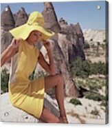 Model Wearing A Yellow Dress By Leslie Fay Acrylic Print