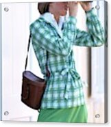 Model Wearing Plaid Jacket Holding Binoculars Acrylic Print