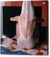 Model With Scarf Over Her Head Wearing Bodysuit Acrylic Print