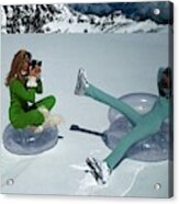 Models On Plastic Chairs With Snow In Switzerland Acrylic Print