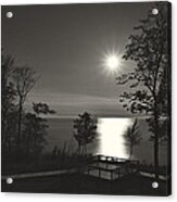 Moon Over Lake Michigan In  Black And White Acrylic Print