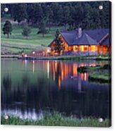 Mountain Lodge Reflecting In Lake At Acrylic Print