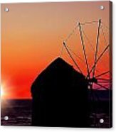 Mykonos Windmill In Orange Sunset Acrylic Print