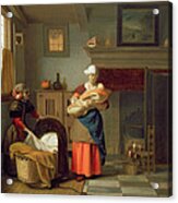Nursemaid With Baby In An Interior And A Young Girl Preparing The Cradle Acrylic Print