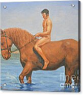 Original Classic Oil Painting Man Body Art Male Nudeand Horse #16-2-5-45 Acrylic Print