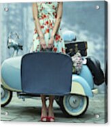 Pacific Islander Woman Holding Suitcase Near Vintage Scooter Acrylic Print
