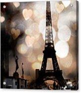 Paris Surreal Fantasy Sepia Black Eiffel Tower Bokeh Hearts And Circles - Paris Eiffel Tower Hearts Acrylic Print