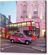 Piccadilly Circus, London Cab And Bus Acrylic Print