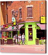 Pizzadelic Sidewalk Cafe Terrace Sunny Day Biking In The Latin Quarter Montreal City Scene C Spandau Acrylic Print