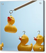 Pole Lifting Rubber Duck With Hook In Its Head Acrylic Print