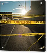 Police Caution Tape Over Road Acrylic Print
