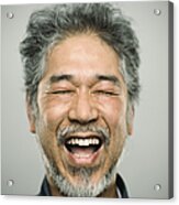 Portrait Of A Happy Real Japanese Man With Grey Hair. Acrylic Print