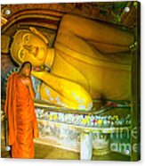 Praying Buddhist Monk By A Lying Buddha In Sri Lanka Acrylic Print