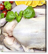 Raw Chicken On Chopping Board With Vegetables And Spicy Acrylic Print