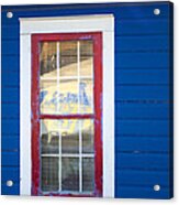 Red And White Window In Blue Wall Acrylic Print