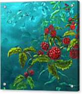 Red Berries In Blue Green Painting Acrylic Print