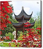 Red - Chinese Garden With Pagoda And Lake. Acrylic Print