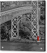 Red Lighthouse And Great Gray Bridge Bw Acrylic Print