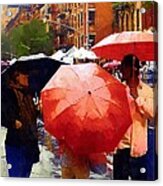 Red Umbrellas In The Rain Acrylic Print