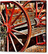 Red Wagon Wheel Bench Acrylic Print