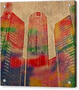 Renaissance Center Iconic Buildings Of Detroit Watercolor On Worn Canvas Series Number 2 Acrylic Print