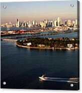 Retro Style Miami Skyline Sunrise And Biscayne Bay Acrylic Print