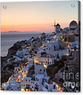 Romantic Sunset Over The Village Of Oia Greece Santorini Acrylic Print