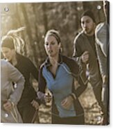 Runners Jogging On Dirt Path In Forest Acrylic Print