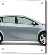 Side Of Silver Modern Compact Car On A White Background Acrylic Print