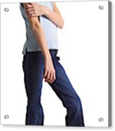 Silhouette Of A Caucasian Blonde Teenage Girl In Jeans And A Blue Shirt As She Turns And Smiles At The Camera Acrylic Print