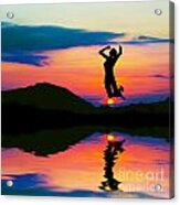 Silhouette Of Happy Woman Jumping At Sunset Acrylic Print