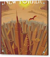 Skyline Of Nyc At Sunset With Icarus Flying Close Acrylic Print