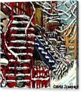 Snowy Steps The Red Staircase In Winter In Verdun Montreal Paintings City Scene Art Carole Spandau Acrylic Print