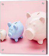 Still Life Of Differently Sized White, Blue And Pink Piggy Banks In Ascending Size Order On Pink Background Acrylic Print