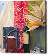 Oil Painting Still Life With Red Cloth And Pottery Acrylic Print