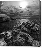 Blank And White Stormy Mediterranean Sunrise In Contrast With Black Rocks And Cliffs In Menorca Acrylic Print